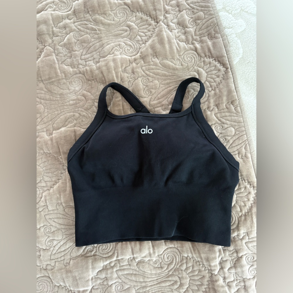 ALO Yoga Black Ribbed Longline Sports Bra